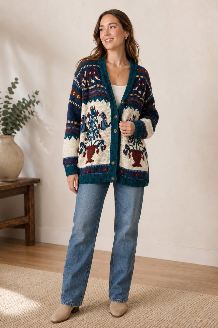 Vintage Statements Floral Vase Cardigan Sweater Small Ramie Cotton Oversized